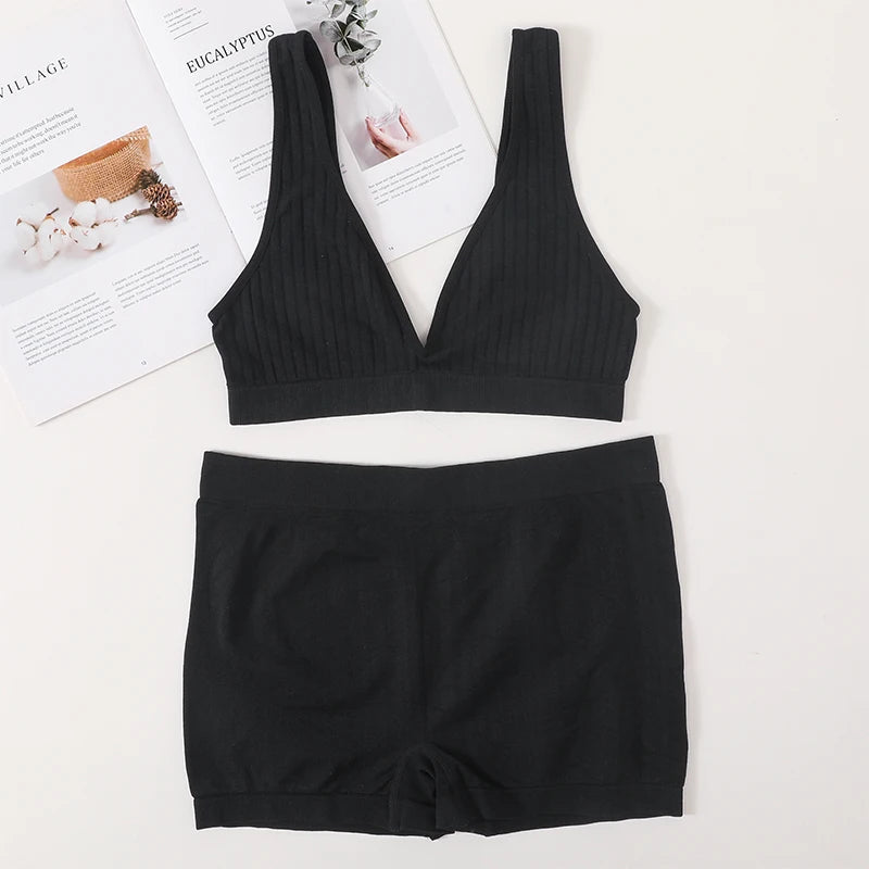 Women Seamless Bra And Panties Set Female Sport V-neck Unlined Bra High Rise Shorts Stretchy Underwear Sexy Lingerie Set Aviola