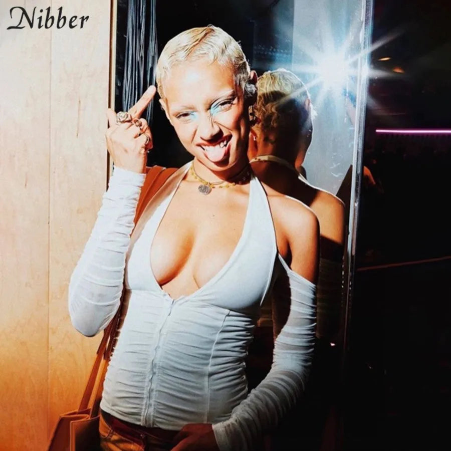 NIBBER Elegant Sexy V-neck Mesh Tops Summer Women's See through Off Strapless Sleeve Crop Top 2021 Club Party Tee shirts Mujer Aviola