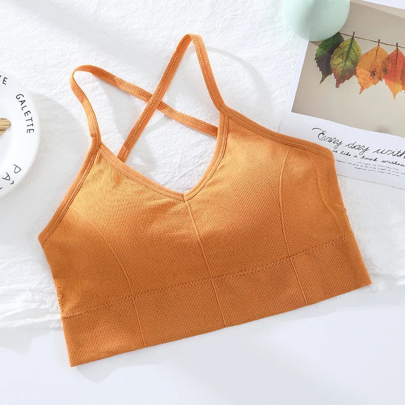 Seamless Bras For Women Crop Top Female Cross Straps Tank Top Push Up Bra With Removable Pads Summer Padded Camisole Aviola