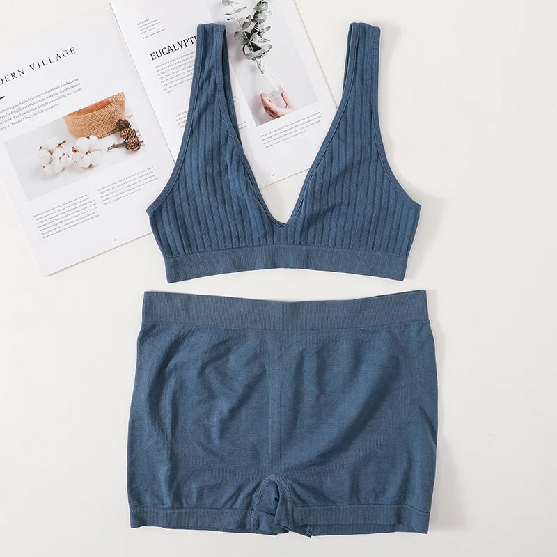 Women Seamless Bra And Panties Set Female Sport V-neck Unlined Bra High Rise Shorts Stretchy Underwear Sexy Lingerie Set Aviola