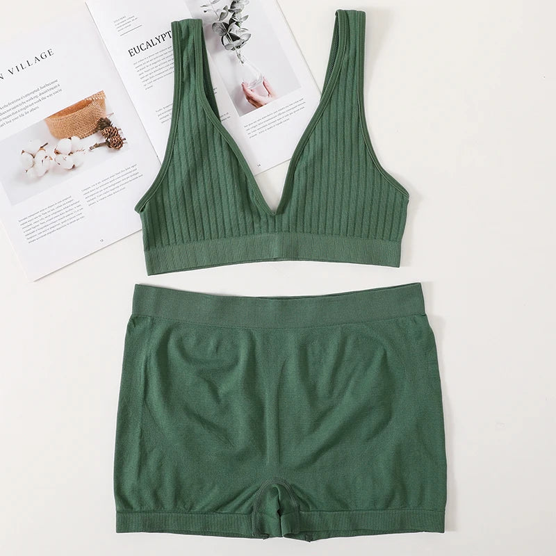 Women Seamless Bra And Panties Set Female Sport V-neck Unlined Bra High Rise Shorts Stretchy Underwear Sexy Lingerie Set Aviola