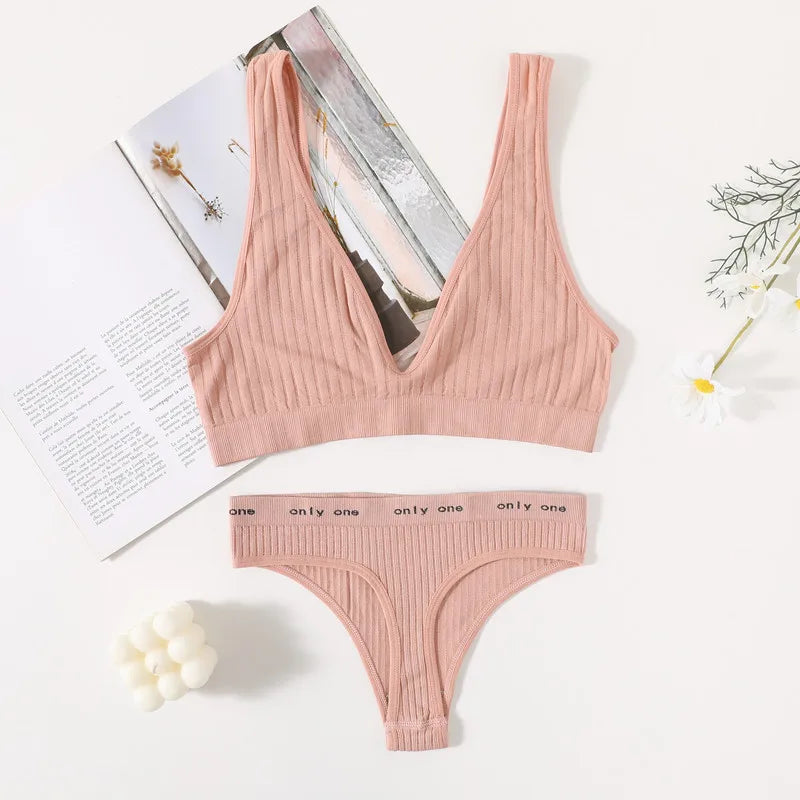 Seamless Bras Set Women Sexy Thongs Low Waist Panties Sport Ribbed Bra Tops Nonwire Bralette Wirefree Brassiere Female Intimates Aviola