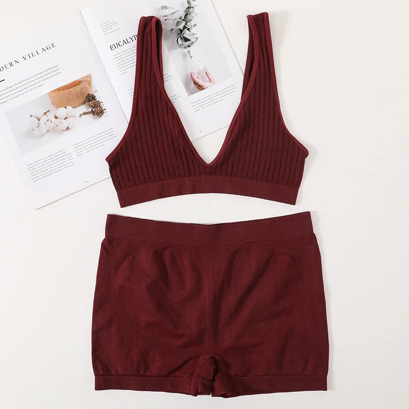 Women Seamless Bra And Panties Set Female Sport V-neck Unlined Bra High Rise Shorts Stretchy Underwear Sexy Lingerie Set Aviola