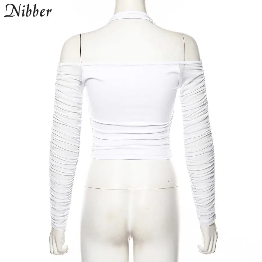 NIBBER Elegant Sexy V-neck Mesh Tops Summer Women's See through Off Strapless Sleeve Crop Top 2021 Club Party Tee shirts Mujer Aviola