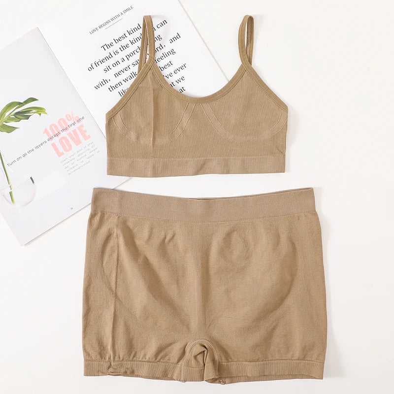 Women Seamless Bra And Panties Set Female Sport V-neck Unlined Bra High Rise Shorts Stretchy Underwear Sexy Lingerie Set Aviola