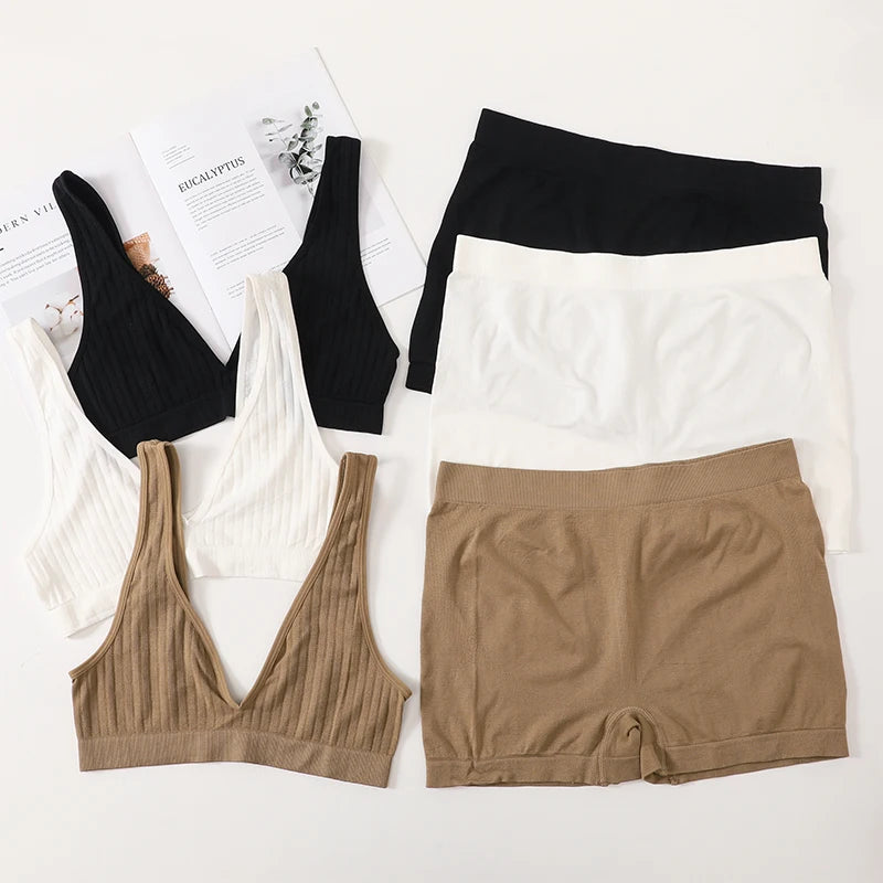 Women Seamless Bra And Panties Set Female Sport V-neck Unlined Bra High Rise Shorts Stretchy Underwear Sexy Lingerie Set Aviola