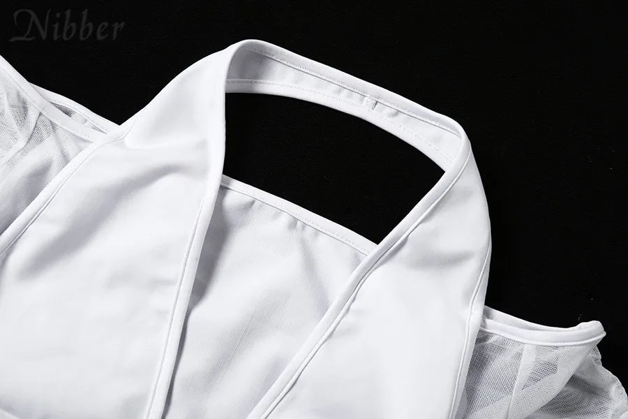 NIBBER Elegant Sexy V-neck Mesh Tops Summer Women's See through Off Strapless Sleeve Crop Top 2021 Club Party Tee shirts Mujer Aviola