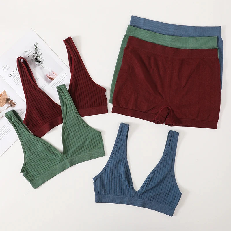 Women Seamless Bra And Panties Set Female Sport V-neck Unlined Bra High Rise Shorts Stretchy Underwear Sexy Lingerie Set Aviola