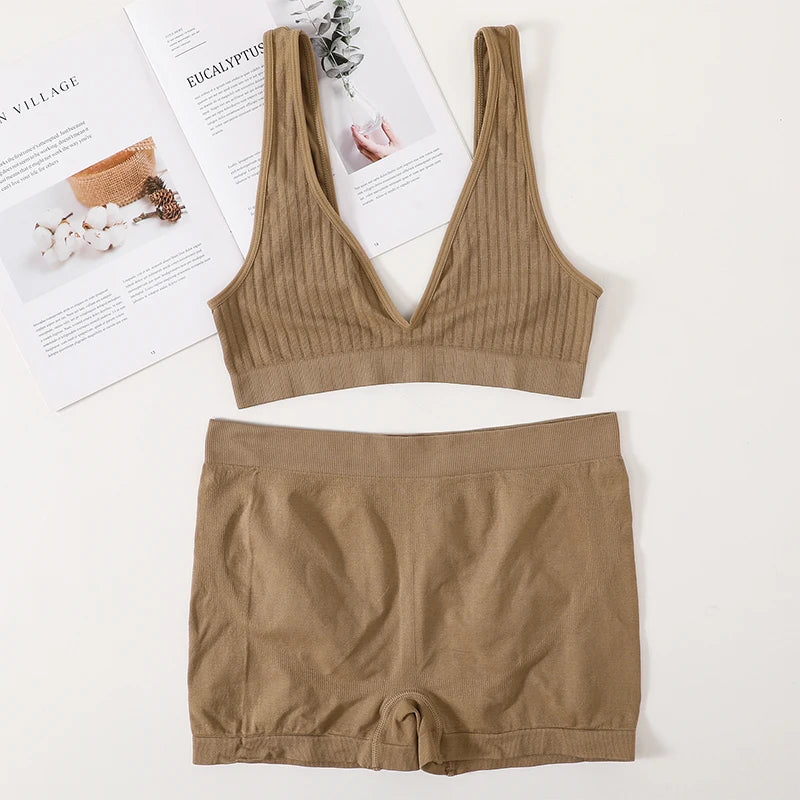 Women Seamless Bra And Panties Set Female Sport V-neck Unlined Bra High Rise Shorts Stretchy Underwear Sexy Lingerie Set Aviola
