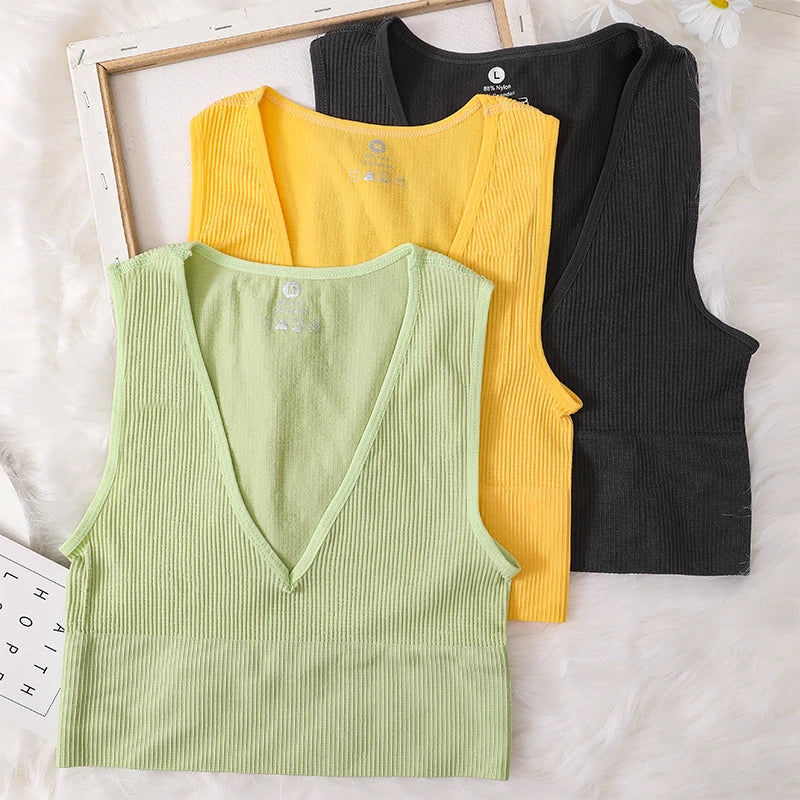 Women Crop Top Sexy Seamless Underwear Female Fitness Sleeveless Camisole Plunge Bralette Sports Cropped Tops Lingerie Aviola