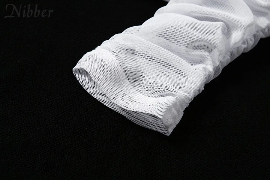 NIBBER Elegant Sexy V-neck Mesh Tops Summer Women's See through Off Strapless Sleeve Crop Top 2021 Club Party Tee shirts Mujer Aviola