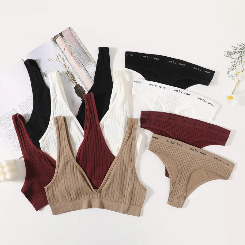 Seamless Bras Set Women Sexy Thongs Low Waist Panties Sport Ribbed Bra Tops Nonwire Bralette Wirefree Brassiere Female Intimates Aviola