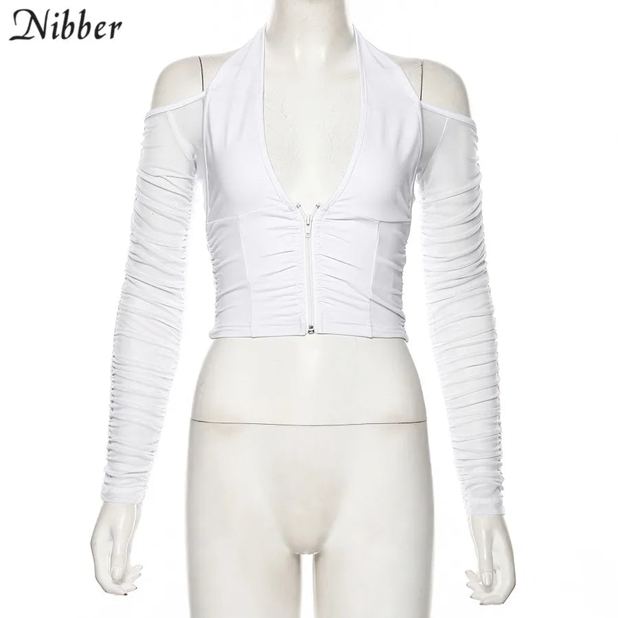 NIBBER Elegant Sexy V-neck Mesh Tops Summer Women's See through Off Strapless Sleeve Crop Top 2021 Club Party Tee shirts Mujer Aviola