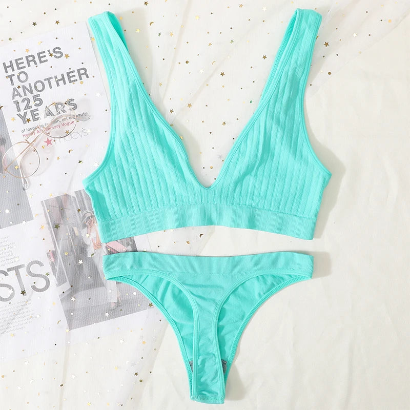 Seamless Bras Set Women Sexy Thongs Low Waist Panties Sport Ribbed Bra Tops Nonwire Bralette Wirefree Brassiere Female Intimates Aviola