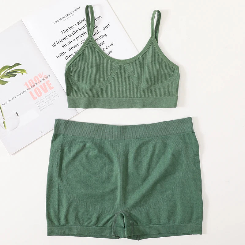 Women Seamless Bra And Panties Set Female Sport V-neck Unlined Bra High Rise Shorts Stretchy Underwear Sexy Lingerie Set Aviola