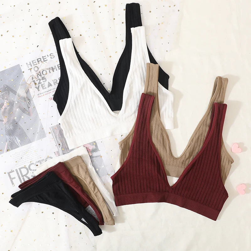 Seamless Bras Set Women Sexy Thongs Low Waist Panties Sport Ribbed Bra Tops Nonwire Bralette Wirefree Brassiere Female Intimates Aviola