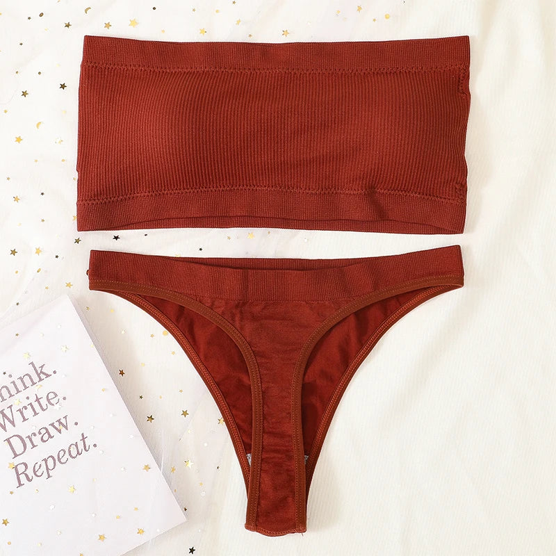 Women Seamless Bra And Panties Set Non-Wire Strapless Tube Bra Sexy Lingerie Brazilian Panties Female Sports Underwear Set Aviola