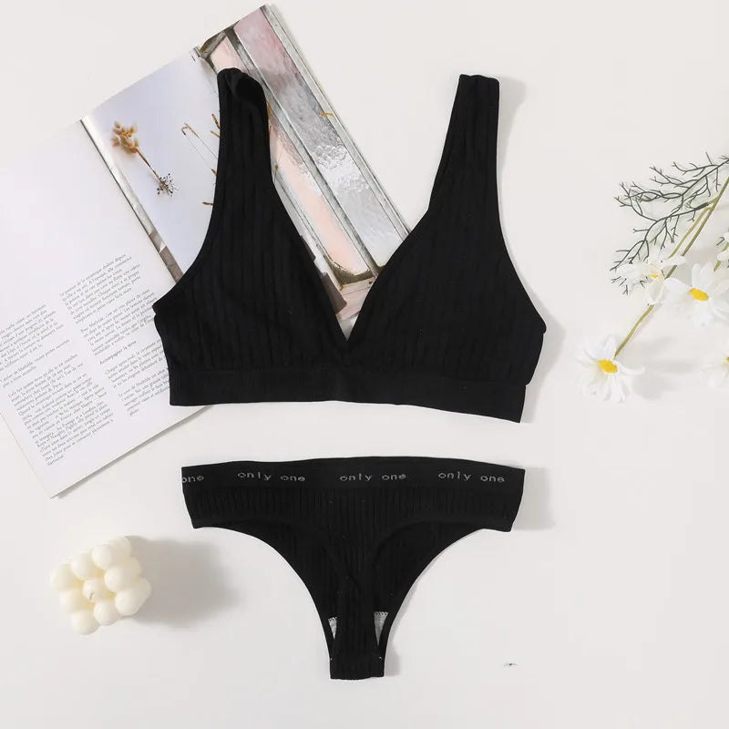 Seamless Bras Set Women Sexy Thongs Low Waist Panties Sport Ribbed Bra Tops Nonwire Bralette Wirefree Brassiere Female Intimates Aviola