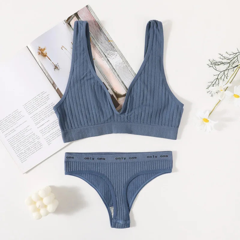 Seamless Bras Set Women Sexy Thongs Low Waist Panties Sport Ribbed Bra Tops Nonwire Bralette Wirefree Brassiere Female Intimates Aviola