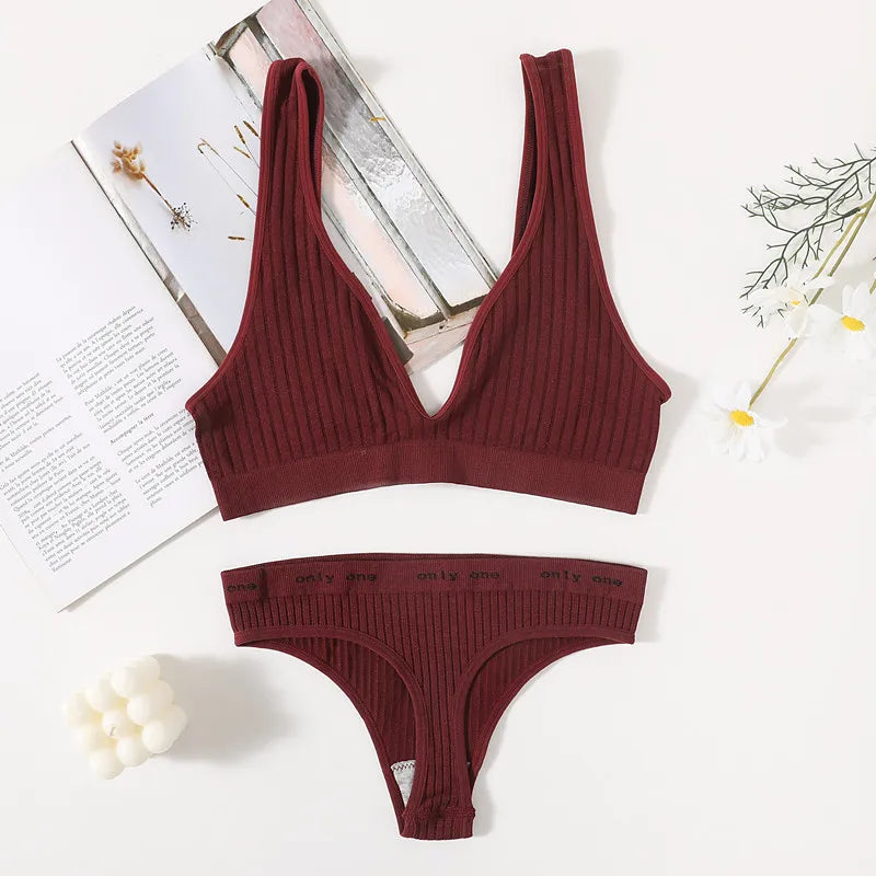 Seamless Bras Set Women Sexy Thongs Low Waist Panties Sport Ribbed Bra Tops Nonwire Bralette Wirefree Brassiere Female Intimates Aviola