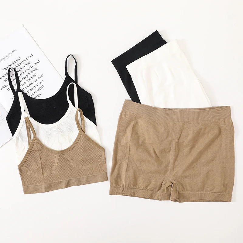 Women Seamless Bra And Panties Set Female Sport V-neck Unlined Bra High Rise Shorts Stretchy Underwear Sexy Lingerie Set Aviola
