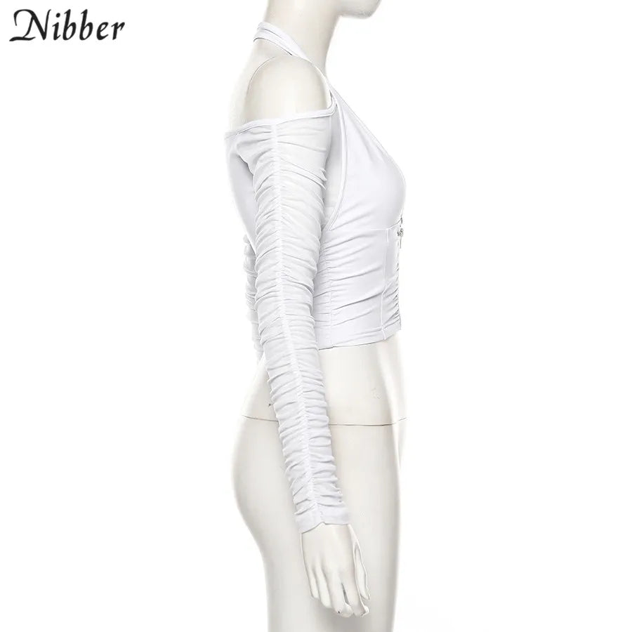 NIBBER Elegant Sexy V-neck Mesh Tops Summer Women's See through Off Strapless Sleeve Crop Top 2021 Club Party Tee shirts Mujer Aviola