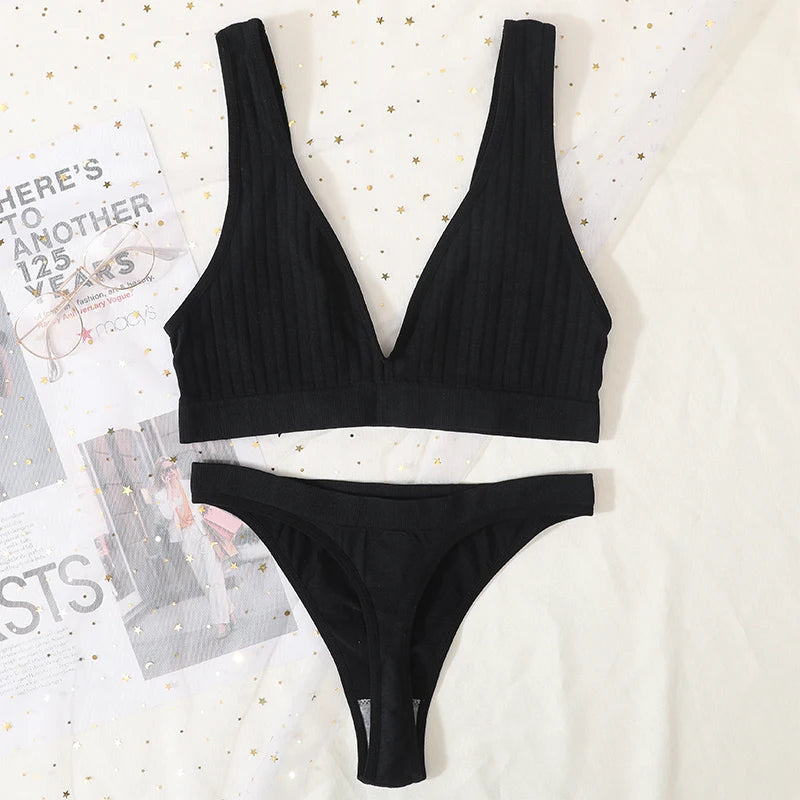 Seamless Bras Set Women Sexy Thongs Low Waist Panties Sport Ribbed Bra Tops Nonwire Bralette Wirefree Brassiere Female Intimates Aviola