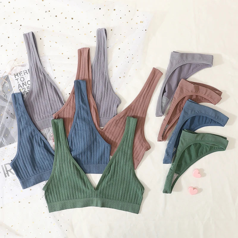 Seamless Bras Set Women Sexy Thongs Low Waist Panties Sport Ribbed Bra Tops Nonwire Bralette Wirefree Brassiere Female Intimates Aviola