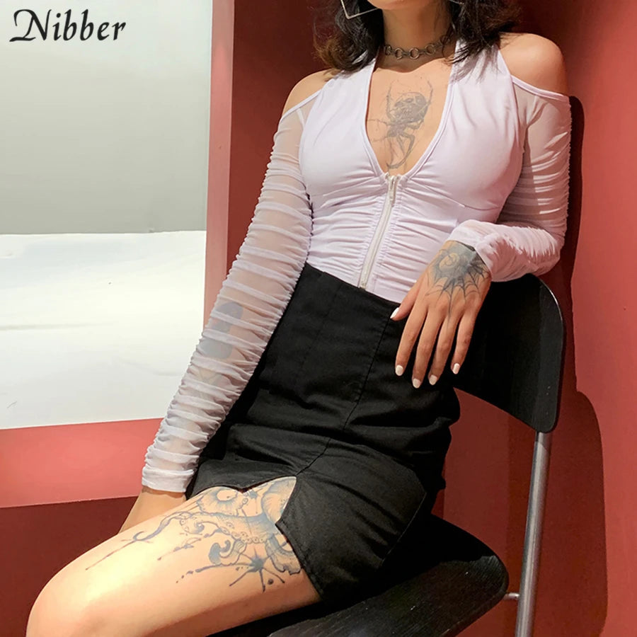 NIBBER Elegant Sexy V-neck Mesh Tops Summer Women's See through Off Strapless Sleeve Crop Top 2021 Club Party Tee shirts Mujer Aviola