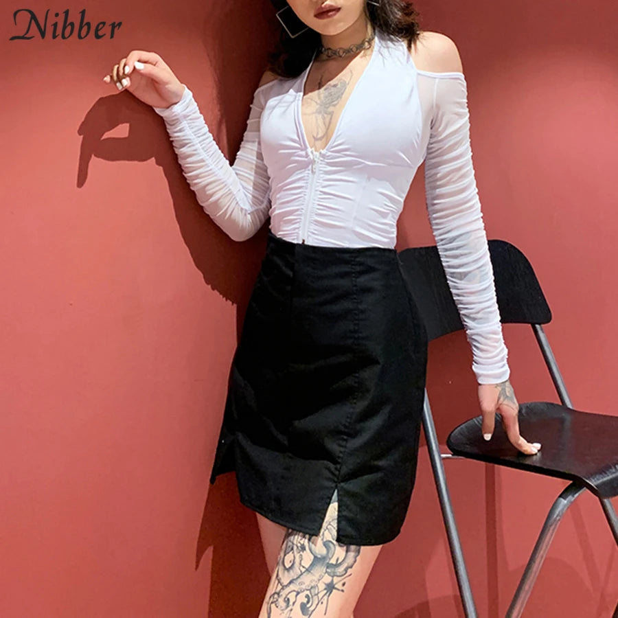 NIBBER Elegant Sexy V-neck Mesh Tops Summer Women's See through Off Strapless Sleeve Crop Top 2021 Club Party Tee shirts Mujer Aviola