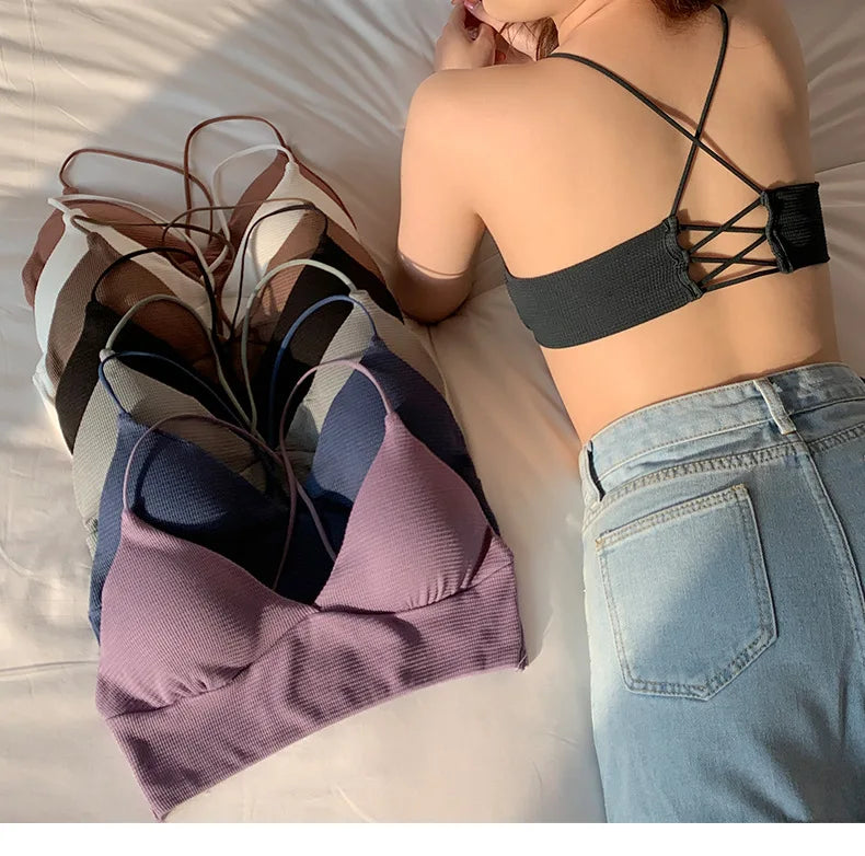 Deep V Women Bra Bralette Wire Free Brassieres Fashion Crop Top Seamless Underwear Cross Back Female Intimates Women Lingerie Aviola