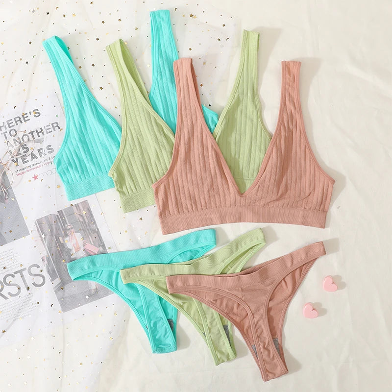 Seamless Bras Set Women Sexy Thongs Low Waist Panties Sport Ribbed Bra Tops Nonwire Bralette Wirefree Brassiere Female Intimates Aviola