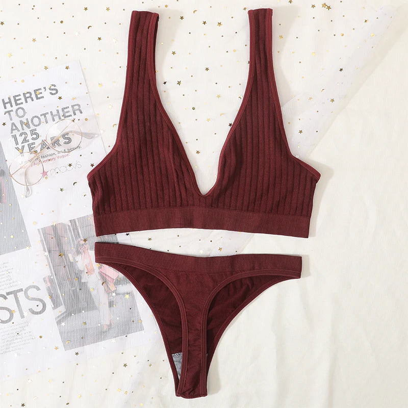 Seamless Bras Set Women Sexy Thongs Low Waist Panties Sport Ribbed Bra Tops Nonwire Bralette Wirefree Brassiere Female Intimates Aviola