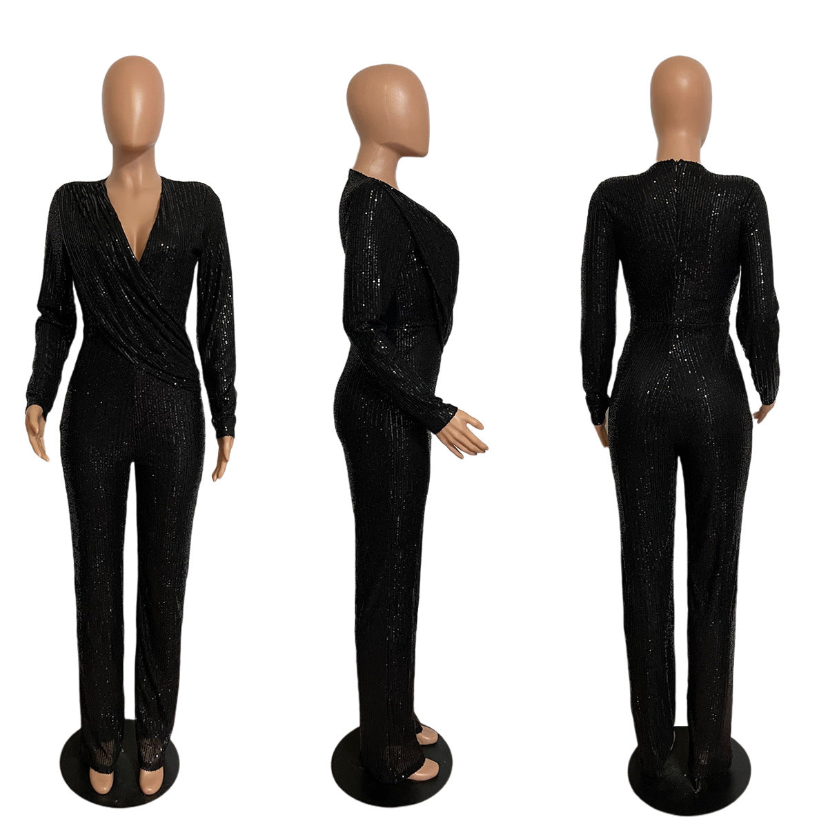 Women Jumpsuits V Neck Rompers Overalls One Piece Formal High Waist Pullover Sexy Sequins Solid Full Length Spring 2024 Aviola