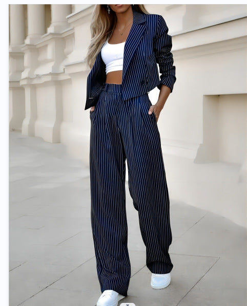 Women Tracksuit Two Pieces Set Long Sleeve Turn Down Collar Cardigan Wide Leg Pants Loose Fit Pockets Striped Office Lady Aviola