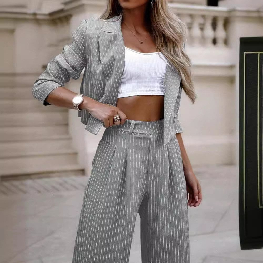 Women Tracksuit Two Pieces Set Long Sleeve Turn Down Collar Cardigan Wide Leg Pants Loose Fit Pockets Striped Office Lady Aviola