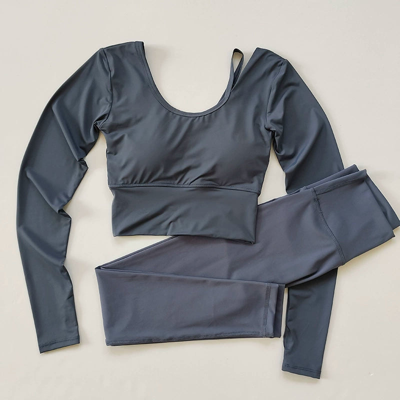 2pcs Women Yoga Set Sport Suit Gymwear Workout Clothes Long Sleeve Gym Crop Top High Waist Leggings Fitness Sports Set Yoga Wear Aviola
