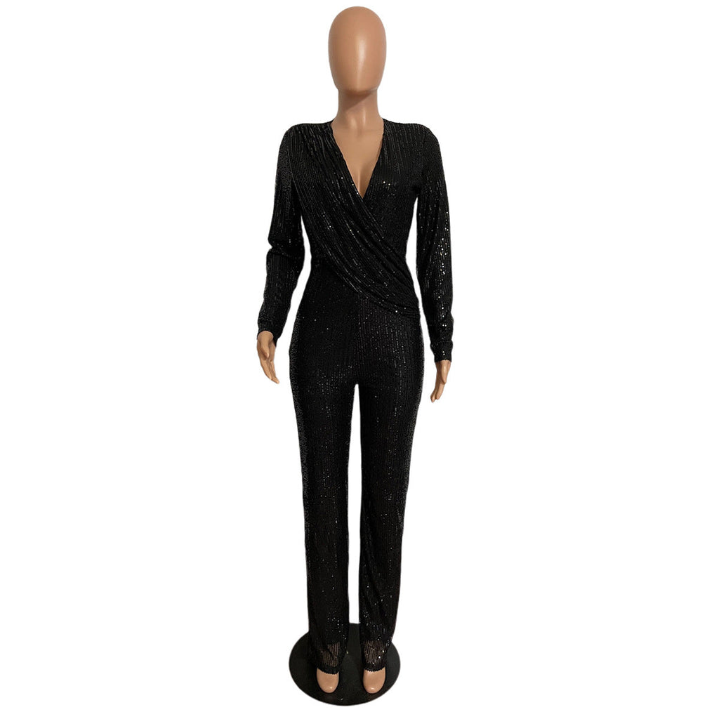 Women Jumpsuits V Neck Rompers Overalls One Piece Formal High Waist Pullover Sexy Sequins Solid Full Length Spring 2024 Aviola