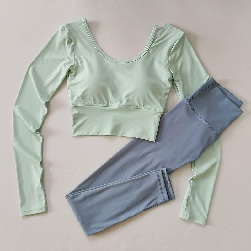2pcs Women Yoga Set Sport Suit Gymwear Workout Clothes Long Sleeve Gym Crop Top High Waist Leggings Fitness Sports Set Yoga Wear Aviola