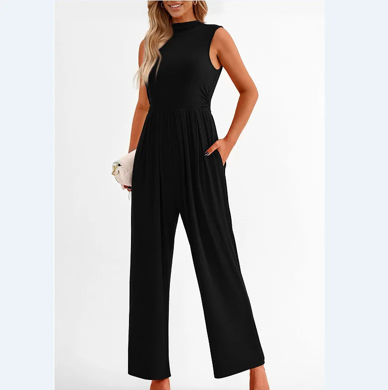 Women Jumpsuits One Piece O Neck Sleeveless Rompers Overalls Solid Wide Leg Pants Pockets High Waist Ankle Length Basics 2025 Aviola