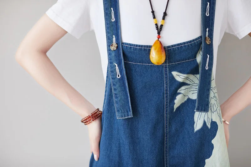 Ankle Length Denim Overalls Women Jeans Spliced Wide Leg Pants Streetwear Washed Jean Loose Fit Pockets 2024 Print Summer Aviola