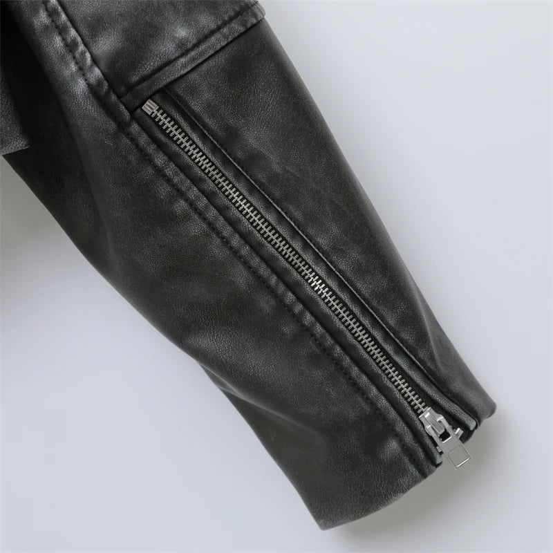 RARF 2024 Women's new short make old effect imitation leather motorcycle jacket jacket women's washed gray leather coat Aviola