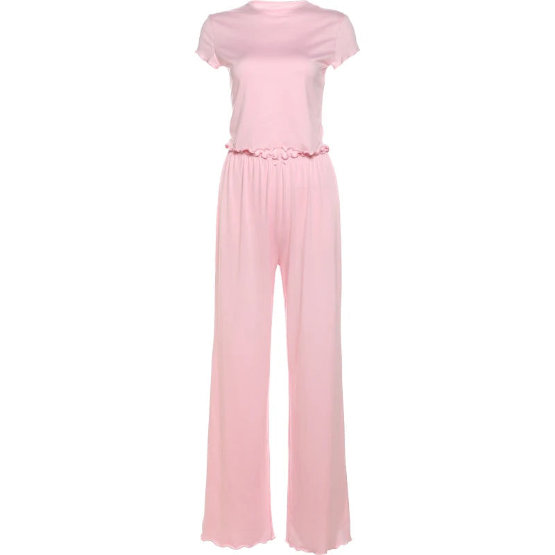 Nibber Classic Ruffles 2 Piece Set Women Tracksuit Casual Simple Summer Crop Tops+Pants Matching Street Solid Stretch Outfits Aviola
