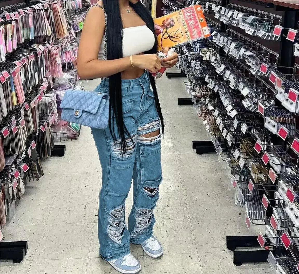 Women Jeans Denim Patchwork Straight Pants Holes Distressed Pockets Washing High Street Low Waist Zipper Fly Flat Winter Aviola