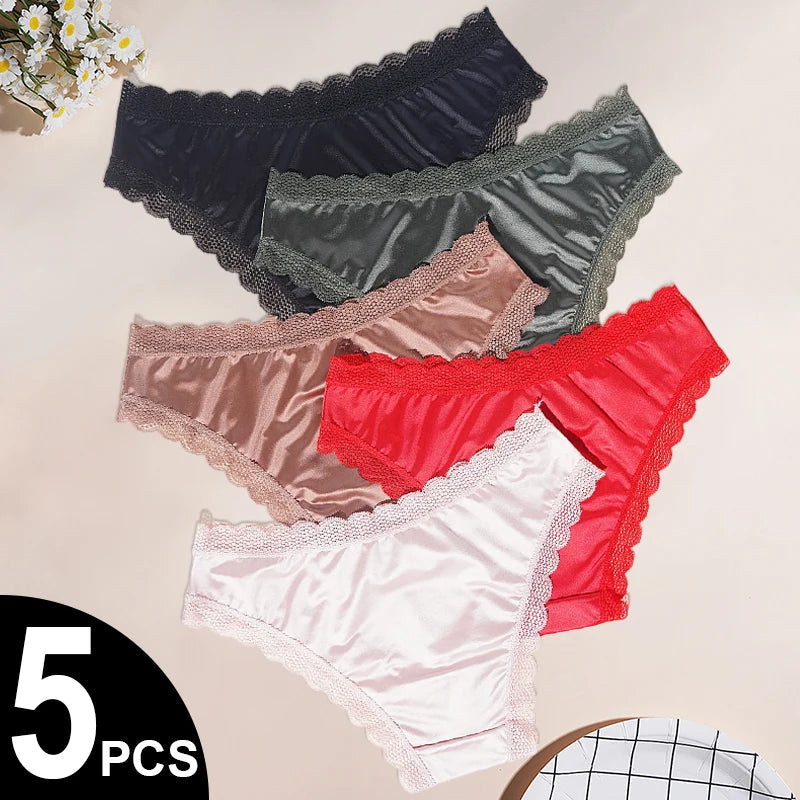 5PCS/Set Seamless Satin Panties Low Rise Lace Patchwork Briefs Solid Color Comfortable Breathable Women's Underwear Lingerie Aviola