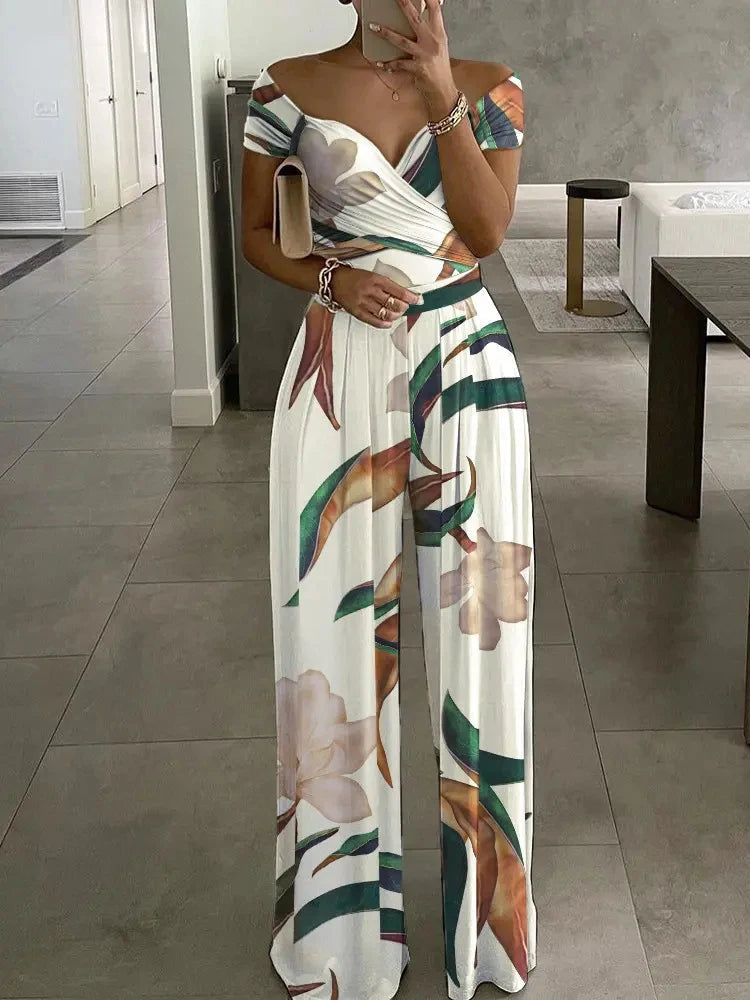 Floral Print Jumpsuit Women Summer Y2k Straight Party Overalls Y2k Club Romper Elegant Off Shoulder Sleeveless Party Jumpsuits Aviola