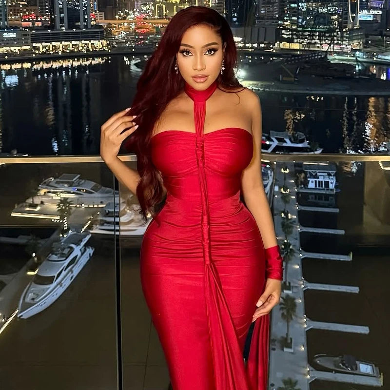 Nibber Elegant Halter Maxi Dress Women Backless Skinny Solid Hand Strap Hem Summer Trend Sexy Vacation Birthday Party Vestidos Aviola