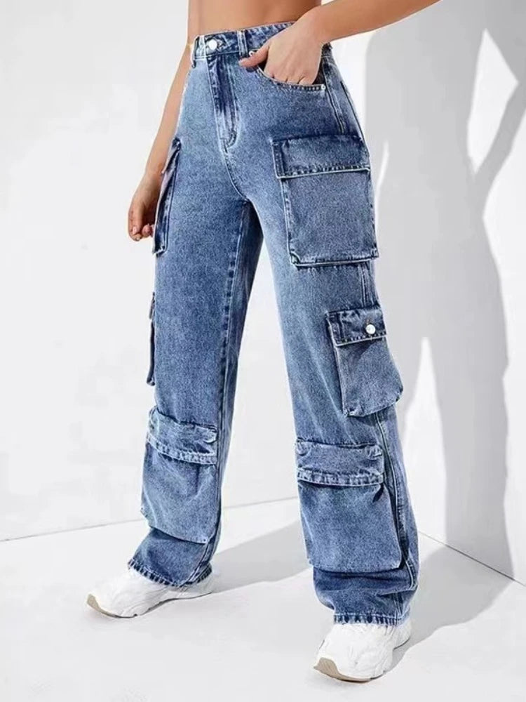Women Jeans Zipper Fly Flat Cargo Pants Denim Pockets Clamshell High Waist Loose Mom Jeans Winter Clamshell Streewear Color Aviola