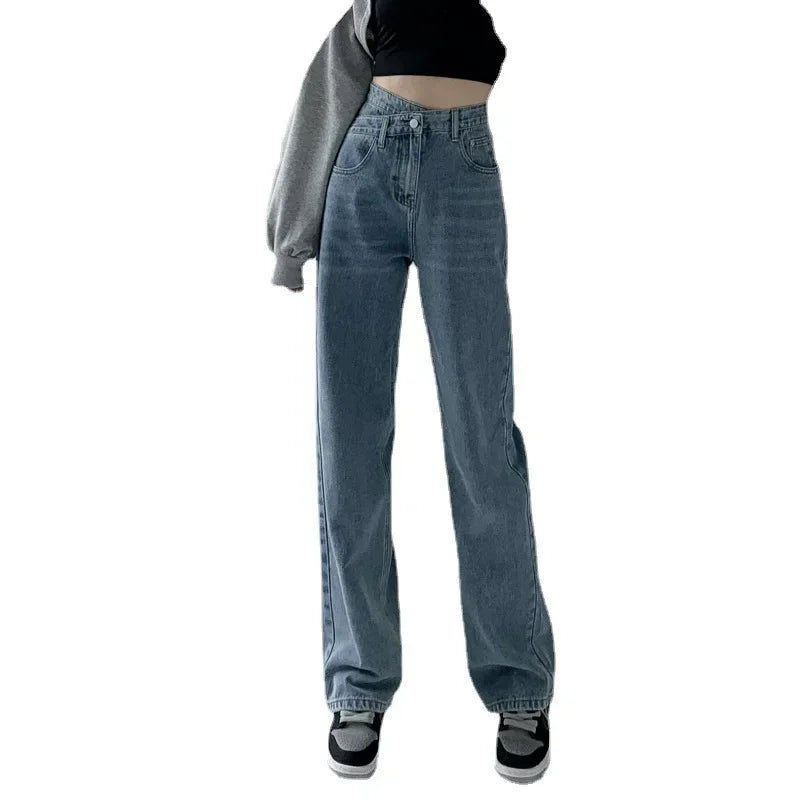 Wide Leg Pants Women Vintage Jeans High Waist Loose Fit Basics Full Length Pockets Button 2025 Casual Denims Straight Trousers Aviola