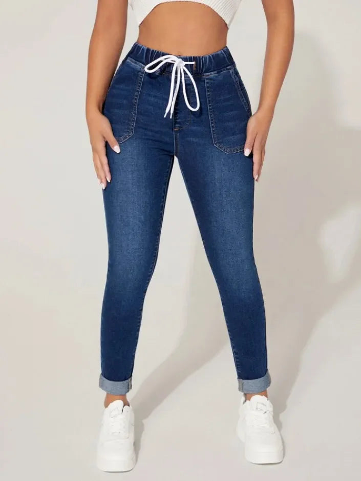 Stretch Pencil Pants Women High Waist Lace Up Distressed Denim Ankle Length Trousers Slim Denims 2025 Streetwear Vintage Jeans Aviola